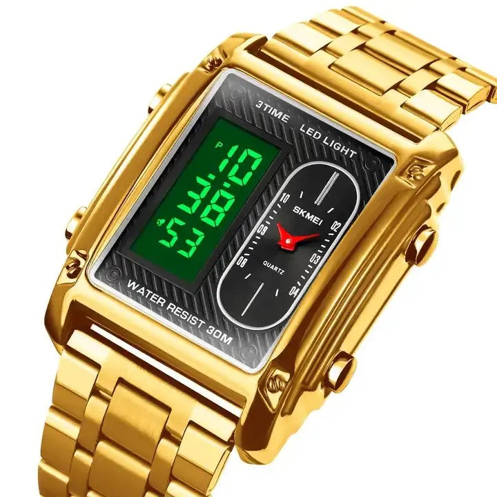 SKMEI 1868 Multiple Time Digital Analog Sport Stainless Steel Men’s Wristwatch- Gold