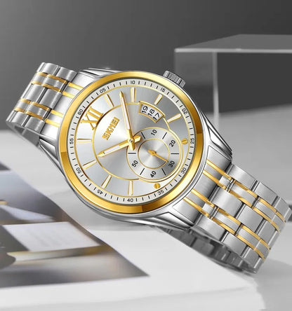 Skmei 9319 Quartz Luminous Luxury Stainless Steel Classic Calendar Men’s Wrist-watches- Silver Gold