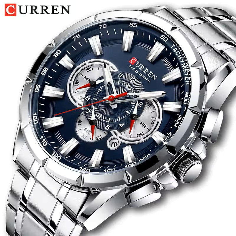 CURREN 8363 Active Chronograph Luminous Hands Men’s Stainless steel Luxury Quartz Watch- Silver & Blue