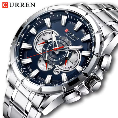 CURREN 8363 Active Chronograph Luminous Hands Men’s Stainless steel Luxury Quartz Watch- Silver & Blue