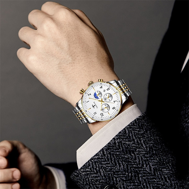 TRSOYE 668 Casual Man Watch Day Sun & Night Moon 24 Hours Display Wristwatches – Silver Gold