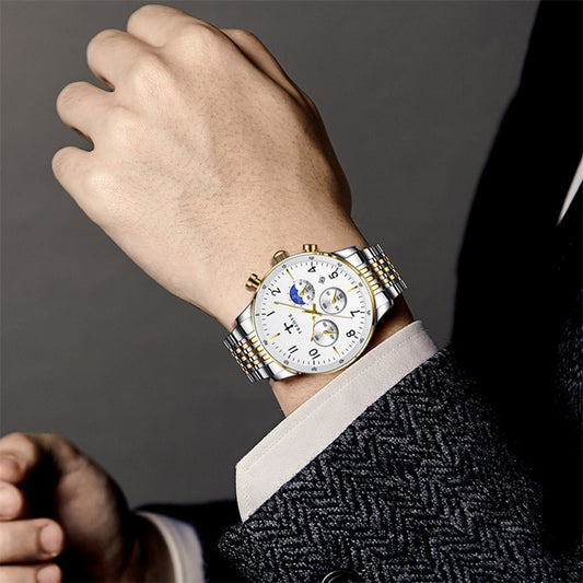 TRSOYE 668 Casual Man Watch Day Sun & Night Moon 24 Hours Display Wristwatches – Silver Gold