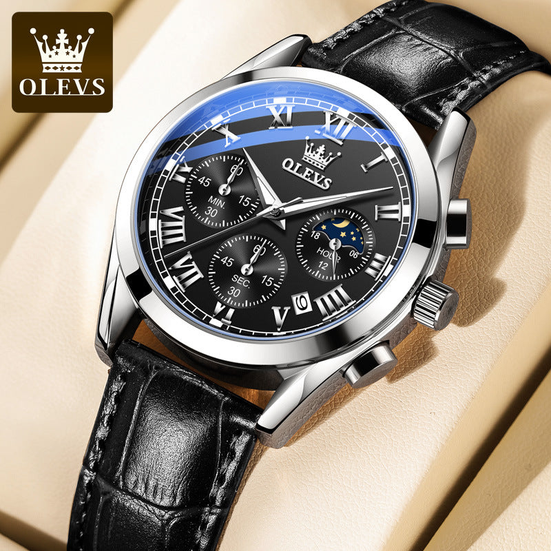 Olevs 2871 Leather Strap Fashion Business Quartz Wristwatch for Men- Black & Silver