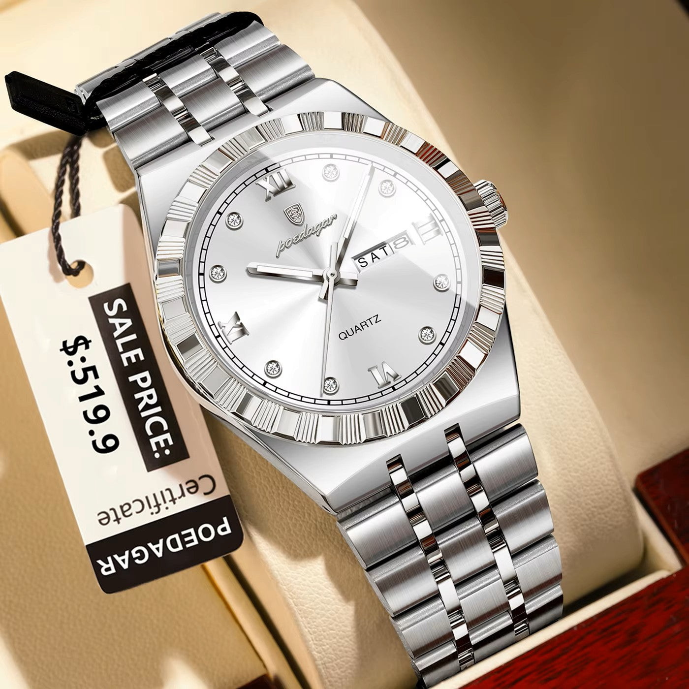 POEDAGAR 872 Luminous Stainless Steel Quartz Day date view Men’s Wristwatch- Silver