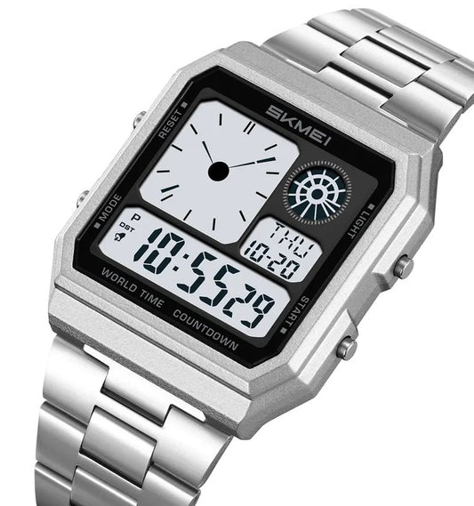 SKMEI 2353 Digital Display stainless-steel water-Resistant Men’s watch- Silver