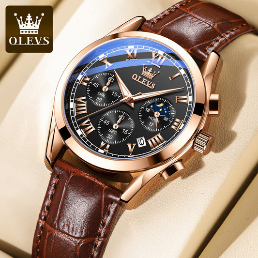 Olevs 2871 Leather Strap Fashion Business Quartz Wristwatch for Men- Brown & Black