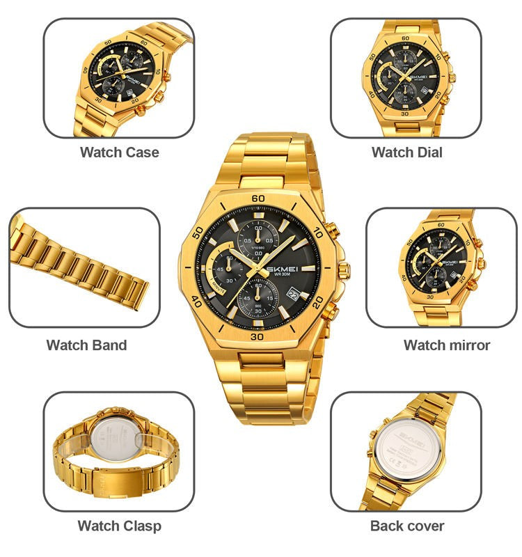 SKMEI 2452 Luxury Active Chronograph Luminous Stainless Steel Men’s Quartz Watch- Gold Black