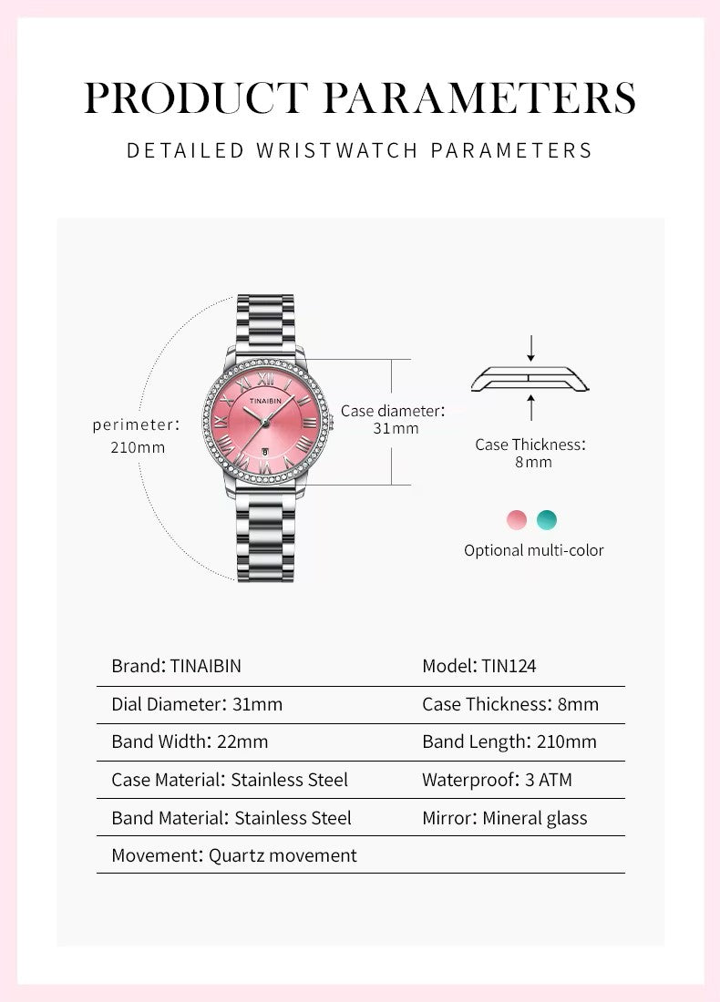 Tinaibin 124 Quartz Watch for Women - Silver & Pink