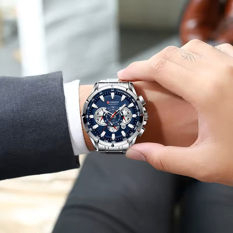 CURREN 8363 Active Chronograph Luminous Hands Men’s Stainless steel Luxury Quartz Watch- Silver & Blue