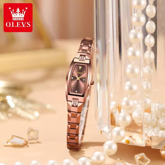 OLEVS 5501 Tungsten Steel Elegant Design with Diamond Relogio Feminino Quartz Women's Watch- Rose Gold