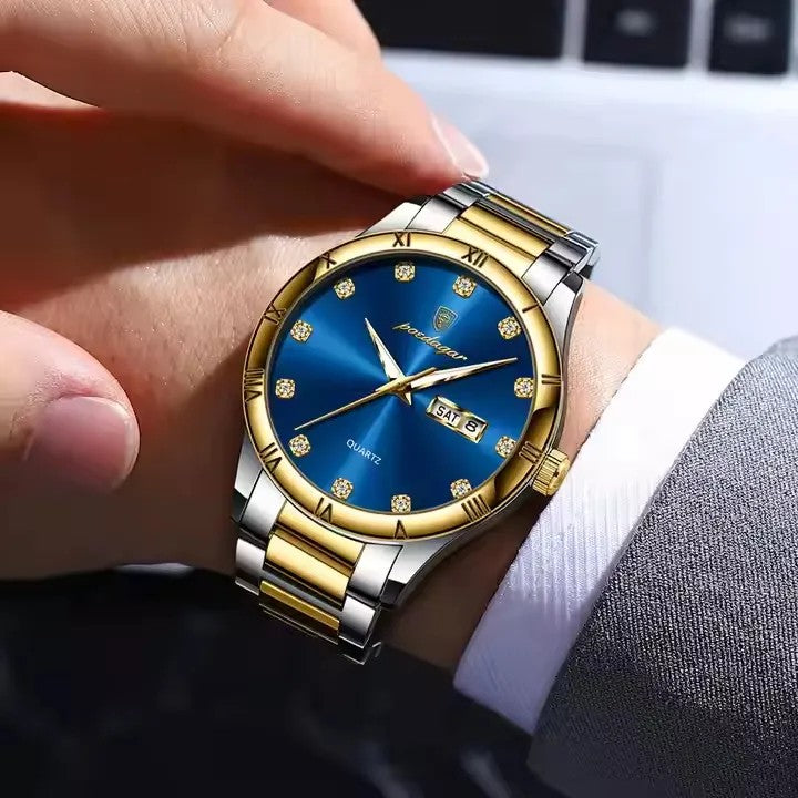 POEDAGAR 878 Luminous Man Wristwatch Top Luxury Date Week Quartz Stainless Steel Men's Watches- Silver Gold & Blue