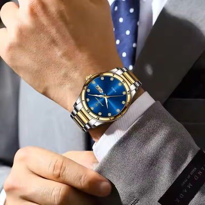 POEDAGAR 878 Luminous Man Wristwatch Top Luxury Date Week Quartz Stainless Steel Men's Watches- Silver Gold & Blue