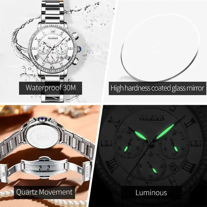 OLEVS 9976 Luxury Women's Chronograph Watch- Silver