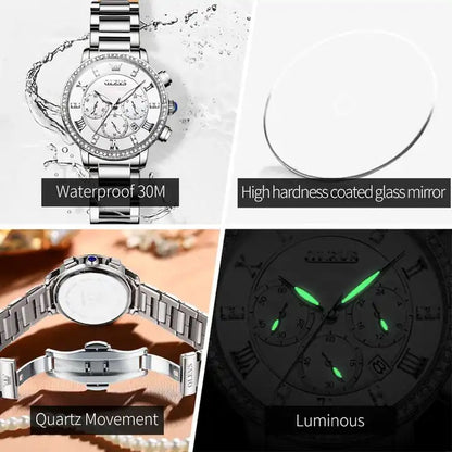 OLEVS 9976 Luxury Women's Chronograph Watch- Silver