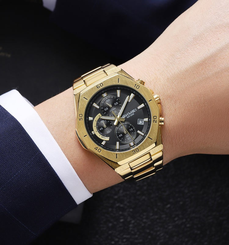 SKMEI 2452 Luxury Active Chronograph Luminous Stainless Steel Men’s Quartz Watch- Gold Black