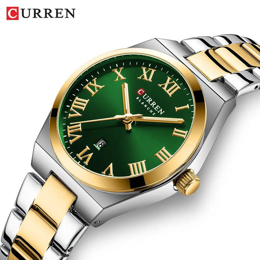 CURREN 9095 Elegant Stainless Steel Classic Women Quartz Watch- Silver Gold & Green