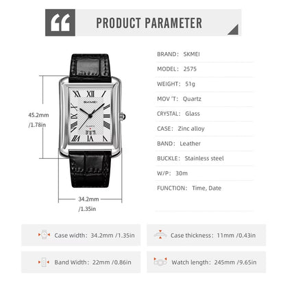 SKMEI 2575 Stainless Steel Luxury Quartz Movement Men’s Business Fashion Roman Numeral Square Case Leather Strap- Black Silver