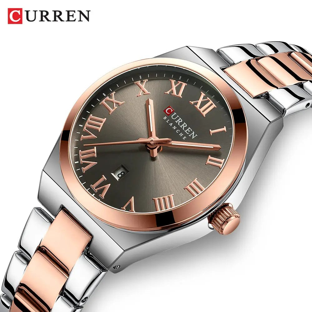 CURREN 9095 Elegant Stainless Steel Classic Women Quartz Watch- Silver & Rose Gold