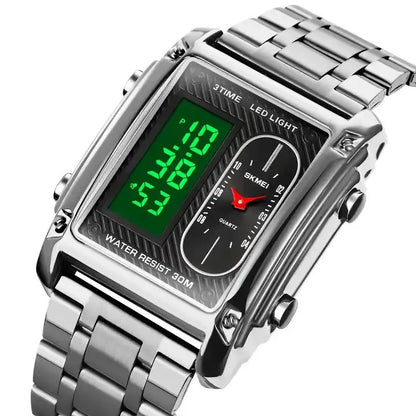 SKMEI 1868 Multiple Time Digital Analog Sport Stainless Steel Men’s Wristwatch- Silver