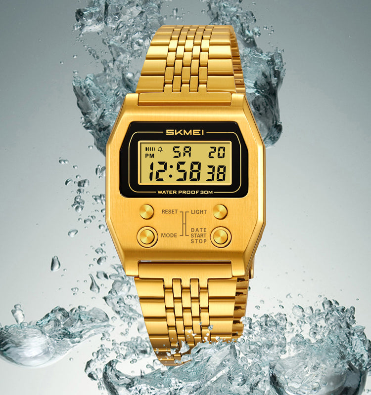 SKMEI 2460 Digital LED Display 3BAR Water Resistance Men's Classic Design watch- Gold
