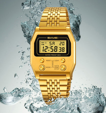 SKMEI 2460 Digital LED Display 3BAR Water Resistance Men's Classic Design watch- Gold