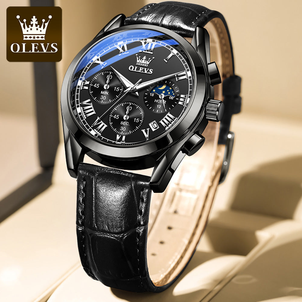 Olevs 2871 Leather Strap Fashion Business Quartz Wristwatch for Men- Black