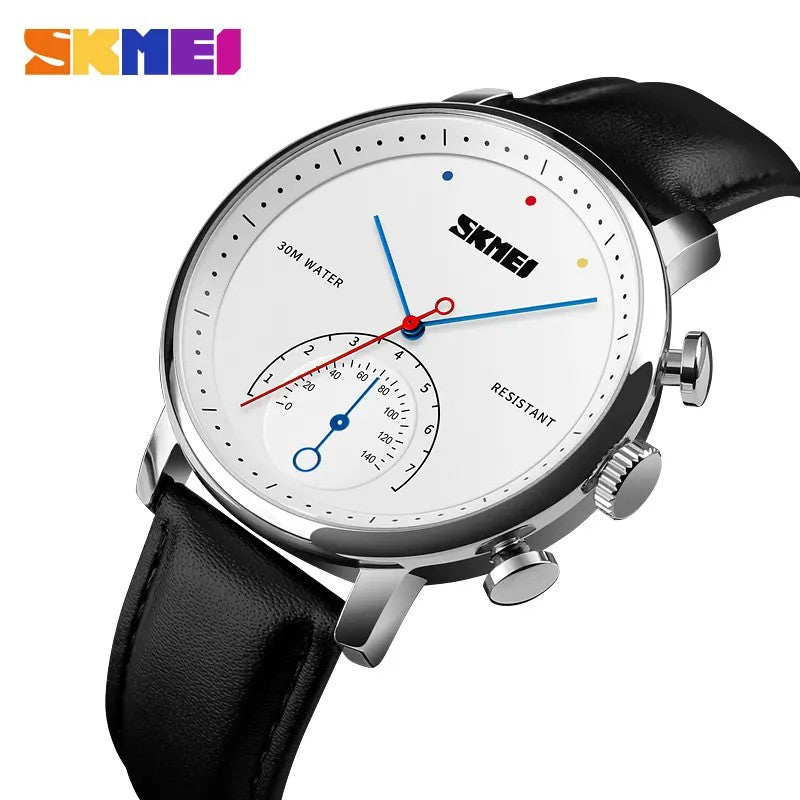 SKMEI 1399 Leather Strap Elegance Quartz Casual Men's Watch- Black & Silver