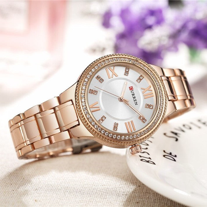 CURREN C9004L Stainless Steel Watch for Women – Rose Gold & White