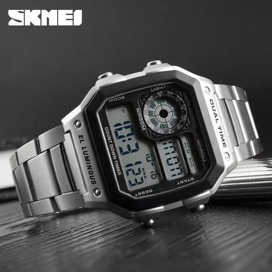 SKMEI 1335 Dual Time Chain Wrist Watch for Men - Silver