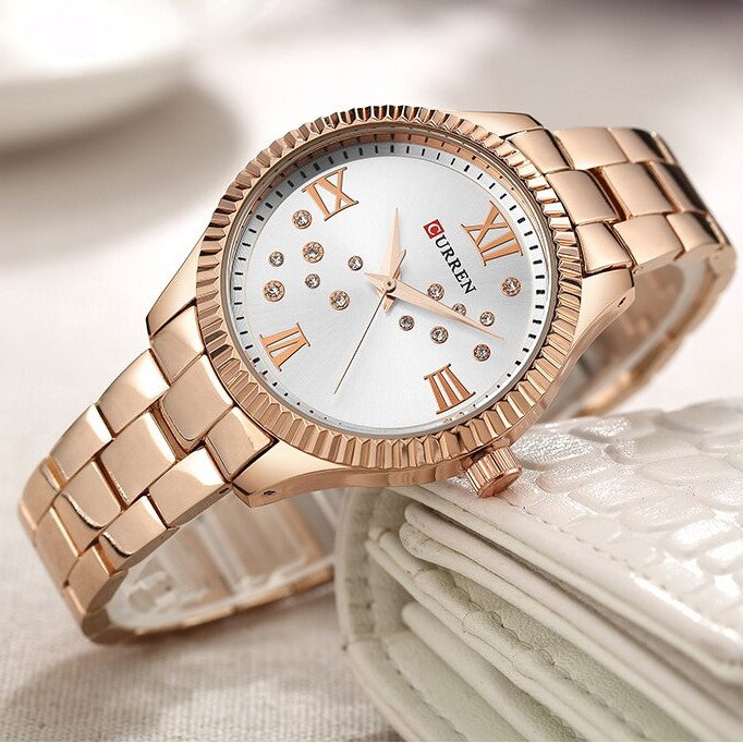 CURREN C9009L Stainless Steel Watch for Women – Rose Gold & White
