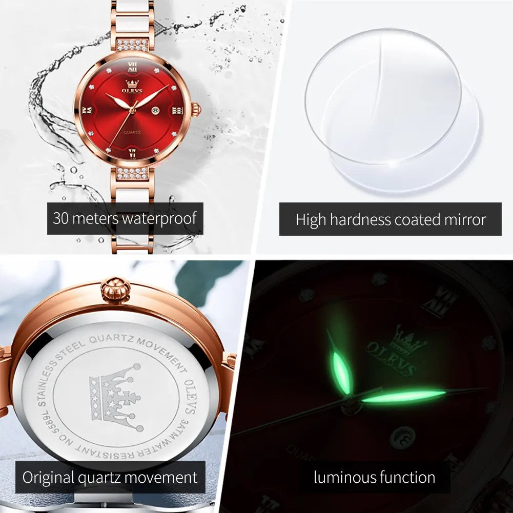 OLEVS 5589 Luxury Design Quartz Watch - Silver & Red