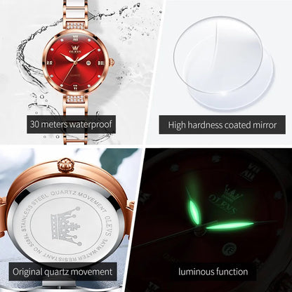 OLEVS 5589 Luxury Design Quartz Watch - Silver & Red