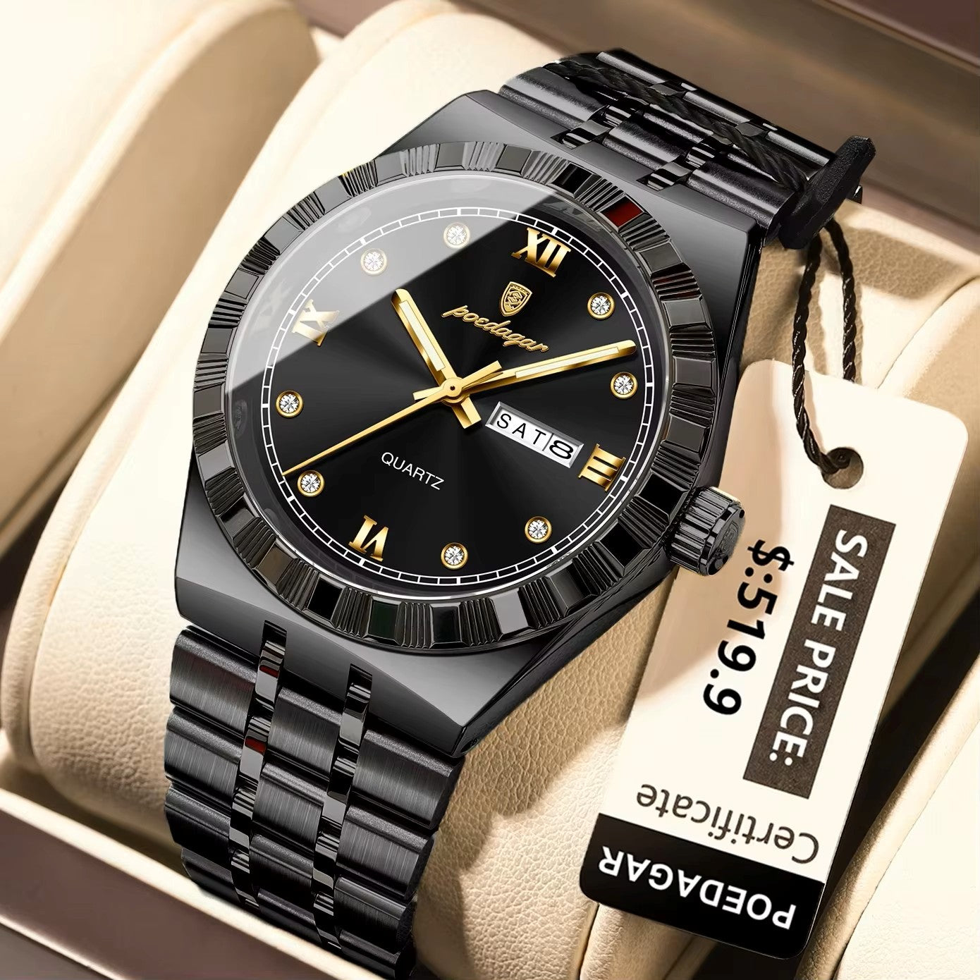 POEDAGAR 872 Luminous Stainless Steel Quartz Day date view Men’s Wristwatch- Black