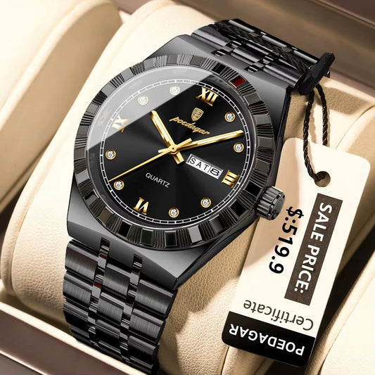 POEDAGAR 872 Luminous Stainless Steel Quartz Day date view Men’s Wristwatch- Black