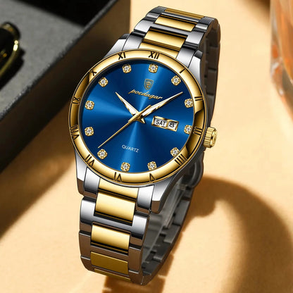 POEDAGAR 878 Luminous Man Wristwatch Top Luxury Date Week Quartz Stainless Steel Men's Watches- Silver Gold & Blue