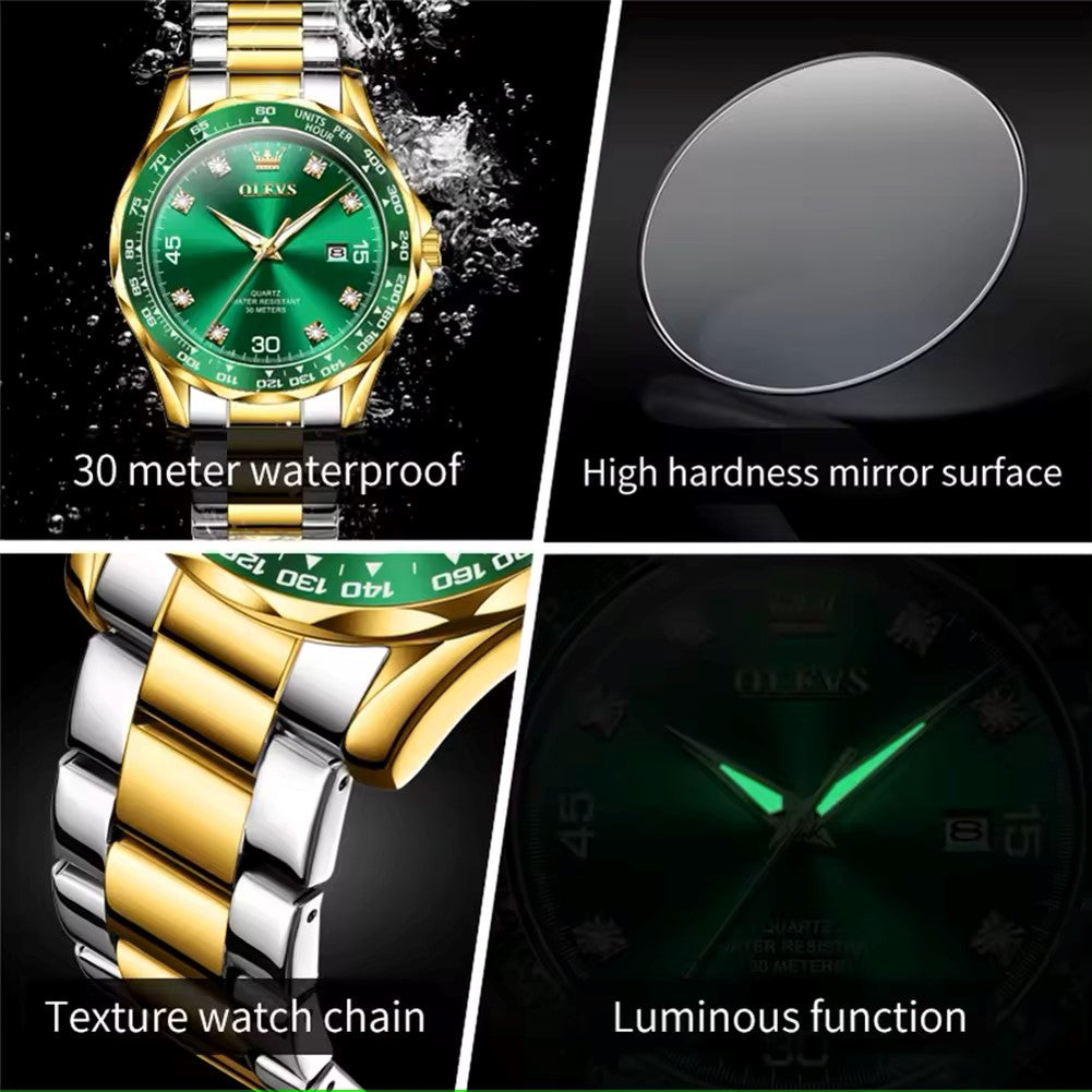 Olevs 9988 Fashion Business Quartz Watch For Men – Silver Gold & Green
