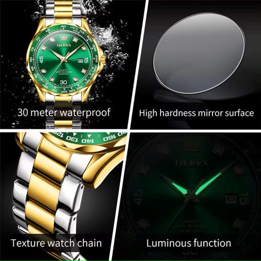 Olevs 9988 Fashion Business Quartz Watch For Men – Silver Gold & Green