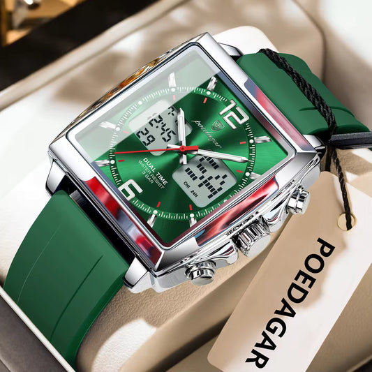 Poedagar E109 Waterproof Luminous Multifunctional Chronograph Alarm Silicone Strap Green Dial Men