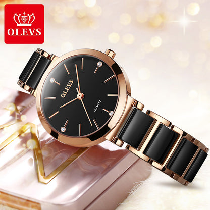 OLEVS 5877 Ceramic Classic fashion Quartz movement women watch- Rose Gold & Black