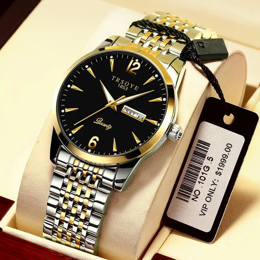 Trsoye 068 Custom Strap Design Fashion Hands Men Wristwatch- Silver Gold & Black