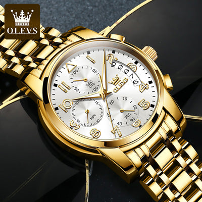 Olevs 2879 Business Fashion Multifunctional Chronograph Quartz Watch- Gold & White