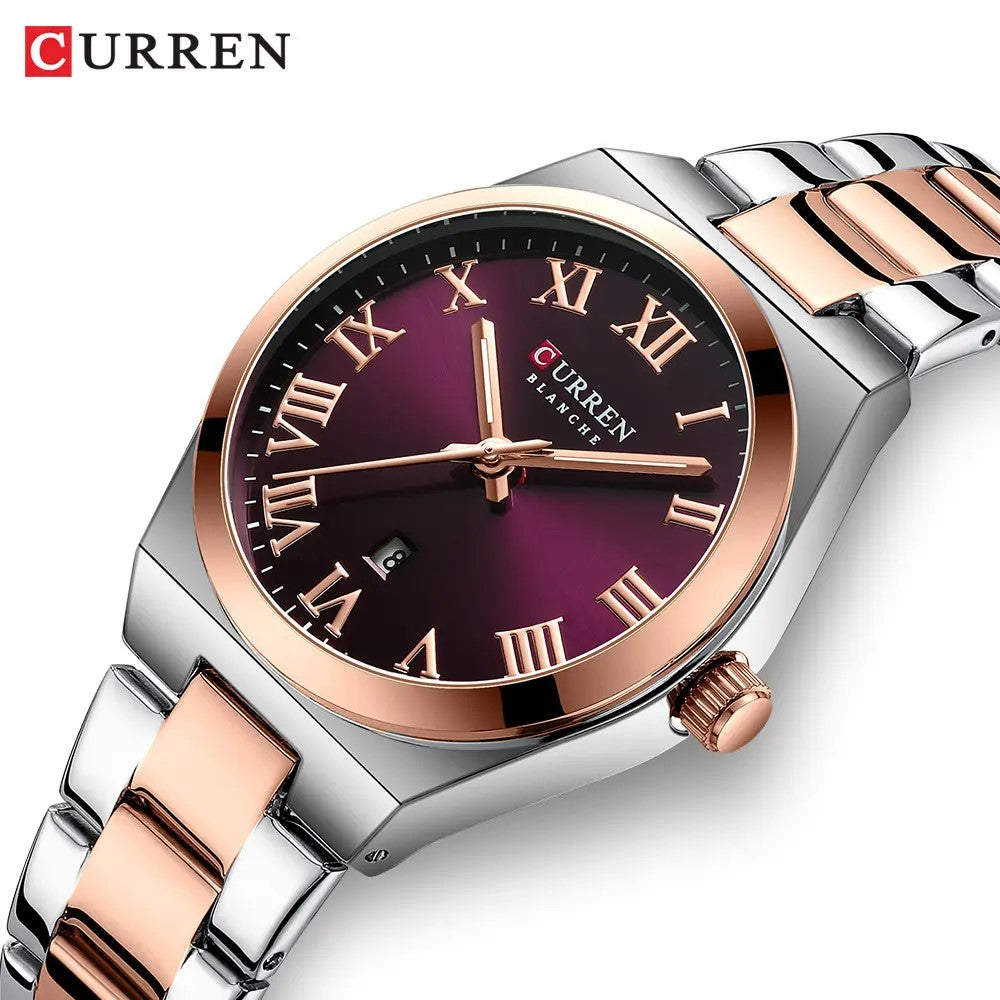 CURREN 9095 Elegant Stainless Steel Classic Women Quartz Watch- Silver Rose Gold & Maroon