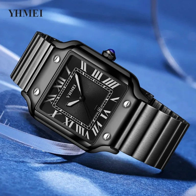 YHMEI 8239 Classic Square Rectangle Quartz Movement Wristwatch for Men’s- Black