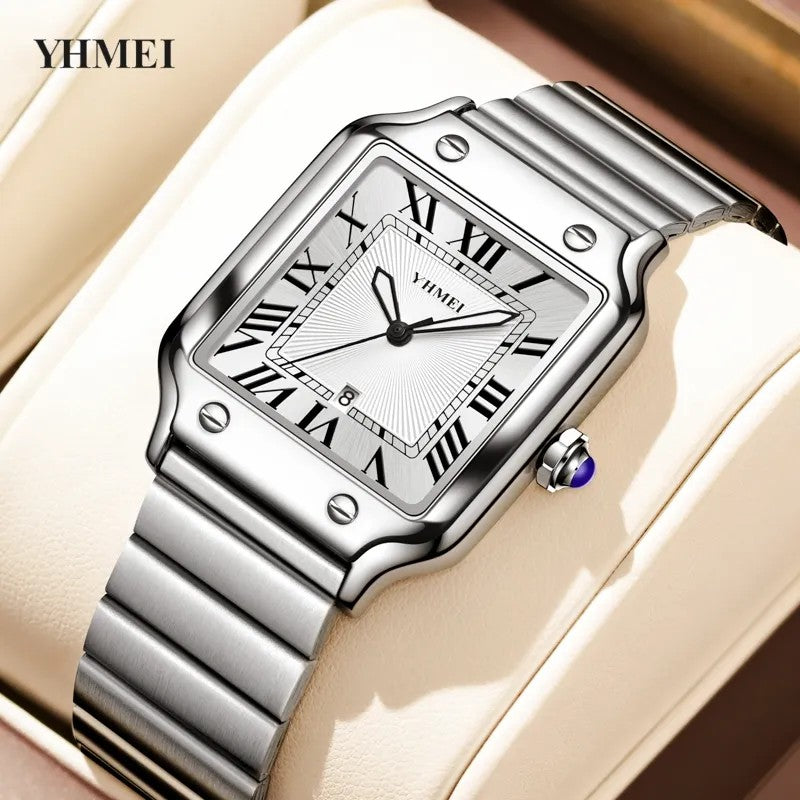 YHMEI 8239 Classic Square Rectangle Quartz Movement Wristwatch for Men’s- Silver