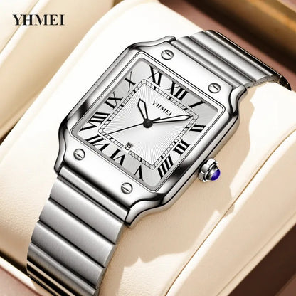 YHMEI 8239 Classic Square Rectangle Quartz Movement Wristwatch for Men’s- Silver