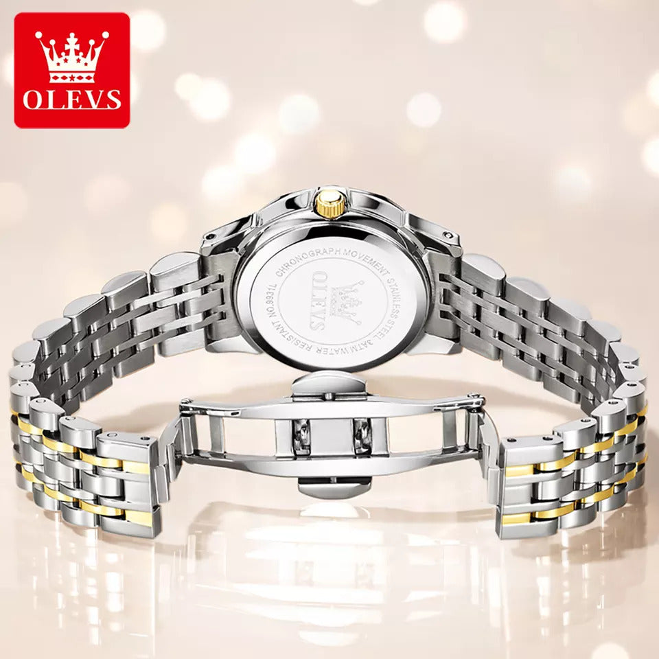 OLEVS 9931 Luxury Water-resistant women Quartz Wristwatch- Silver Gold & Blue