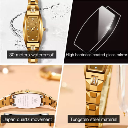 OLEVS 5501 Tungsten Steel Elegant Design with Diamond Relogio Feminino Quartz Women's Watch- Gold