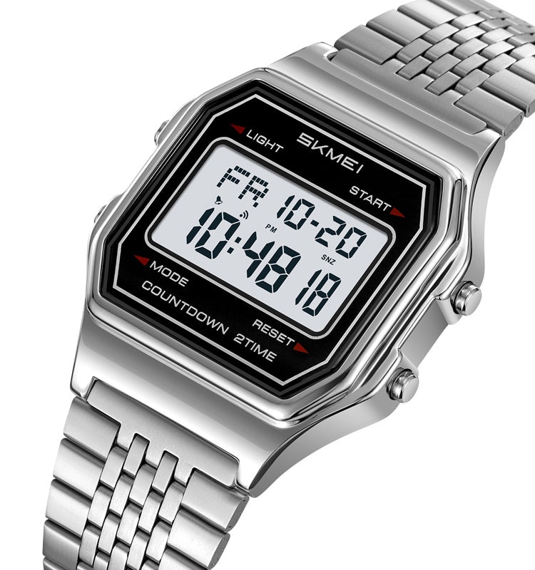 SKMEI 2465 Classic Digital LED Display Multi-Function Retro Unisex Thin Strip Wristwatch- Silver
