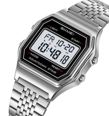 SKMEI 2465 Classic Digital LED Display Multi-Function Retro Unisex Thin Strip Wristwatch- Silver