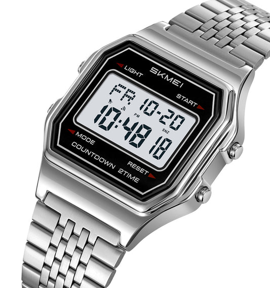 SKMEI 2465 Classic Digital LED Display Multi-Function Retro Unisex Thin Strip Wristwatch- Silver